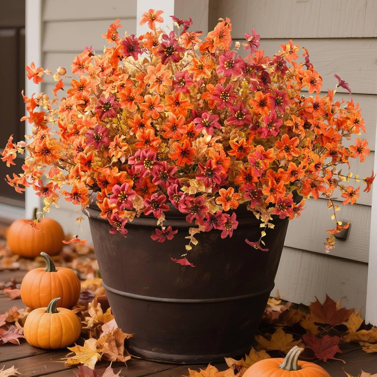 12PCS Artificial Fall Mums – Realistic Silk Daisy Faux Flowers for Outdoor & Indoor Porch, Patio, Garden, Balcony, and Window Décor (Orange & Brown)